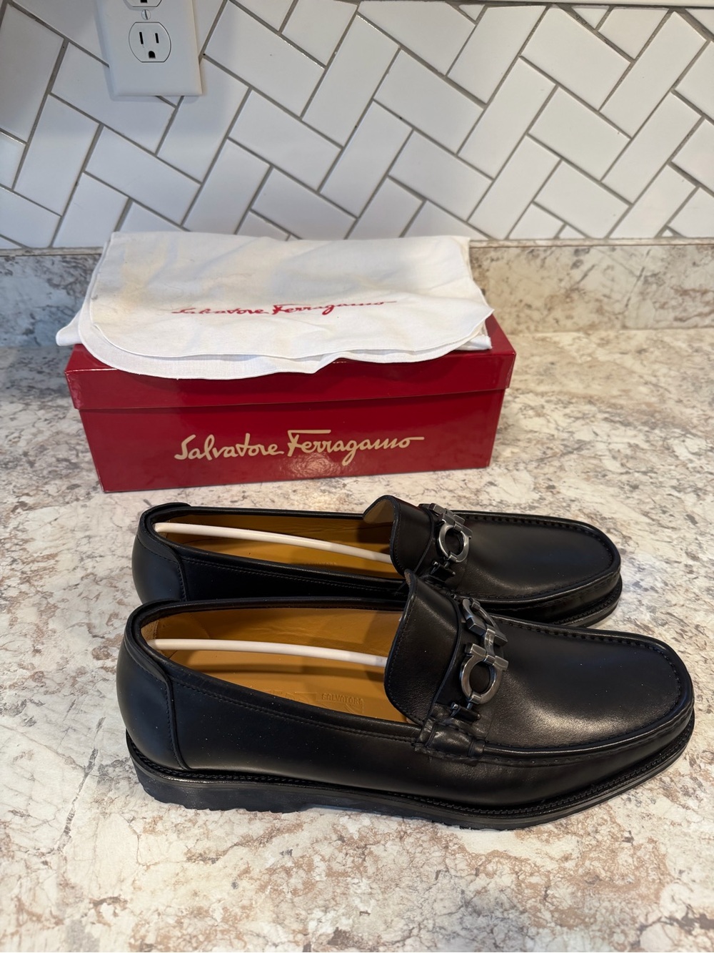 Salvatore Ferragamo Black Leather Bit-Detail Slip-On Loafers